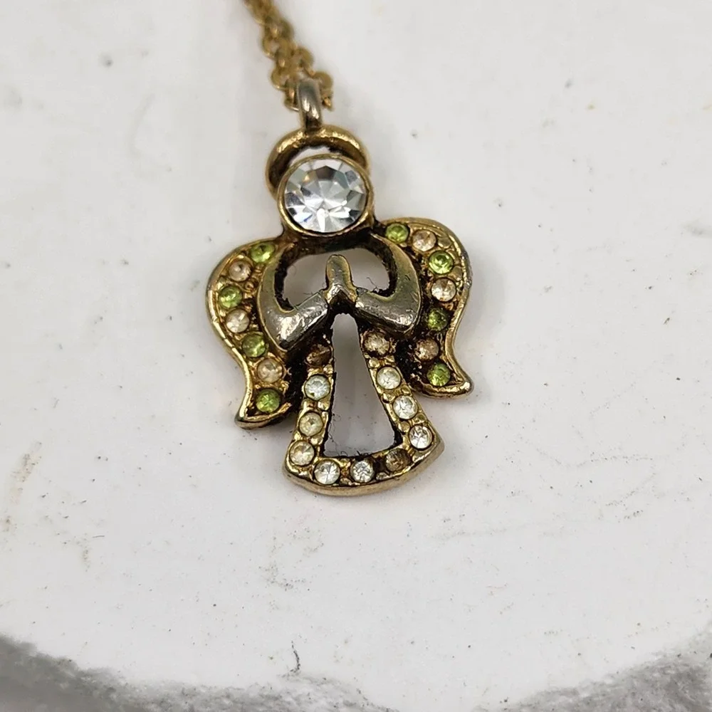 Signed DM Angel Pendant Necklace Gold Tone Clear Green Rhinestone Charm Whimsy